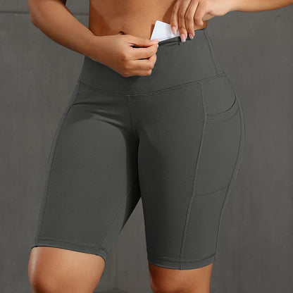 Solid Color Women Shorts with 3 Pockets Butt Lifting Workout Tights Stretch Athletic Five-pointed Pants Outdoor Fitness Shorts