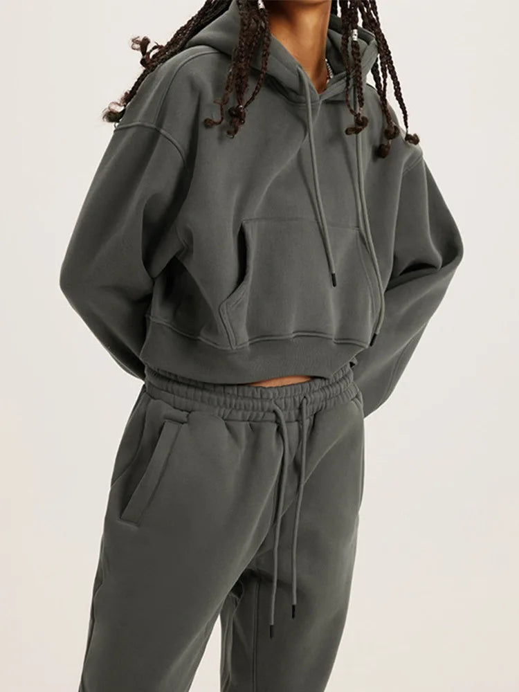 Profashion  Loose Hoodies Women Autumn Winter Long Sleeve Crop Top Streetwear Solid Drawstring Hooded Shirt Casual Female Sweatshirt