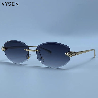 Vintage Rimless Oval Punk Sunglasses Men Luxury Designer Leopard Head Frameless Sun Glasses Hip Hop Outdoor Shades Eyewear