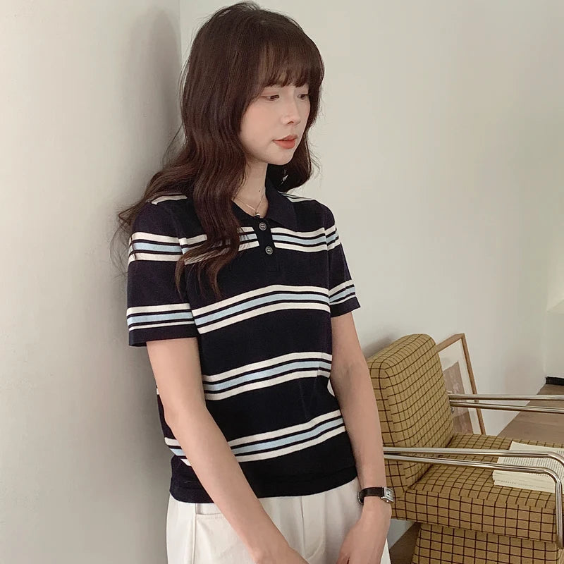 Summer 100% cotton women's T-shirt casual striped knit pullover short sleeved loose POLO collar Tees Pull fashion tops