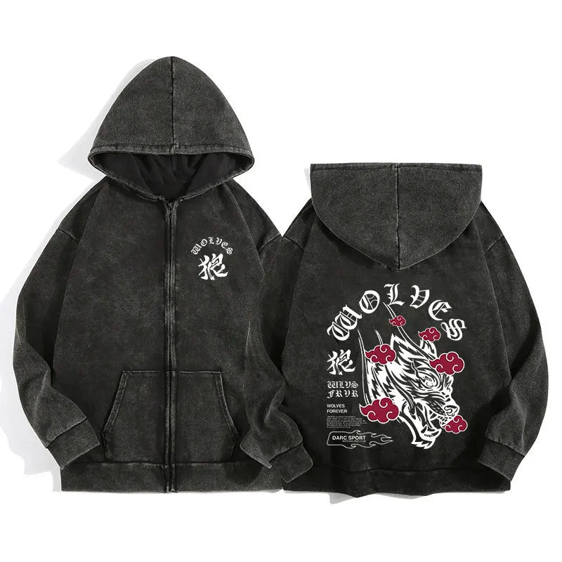 Darc Wolves Sport Zip Up Hoodies for Unisex Cotton Print Gothic Harajuku Jacket Hooded Sweatshirts Casual Manga Pullover