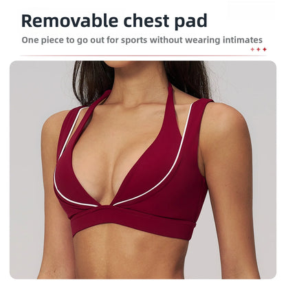 Women Deep V Neck Sports Bra Wide Strap Open V Back Contrast Piping Padded Push Up Gym Workout Top Yoga Bras Activewear Summer