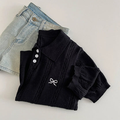 Summer Slim Polo shirt Knitted Short Sleeve T-shirt Sweet Bow Embroidered Knitted  Women Tops