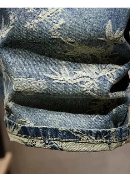 Jacquard Denim Shorts Chinese Style Straight Five-Point Pants Trendy Mid-Length Jeans New Fashion Tide Summer