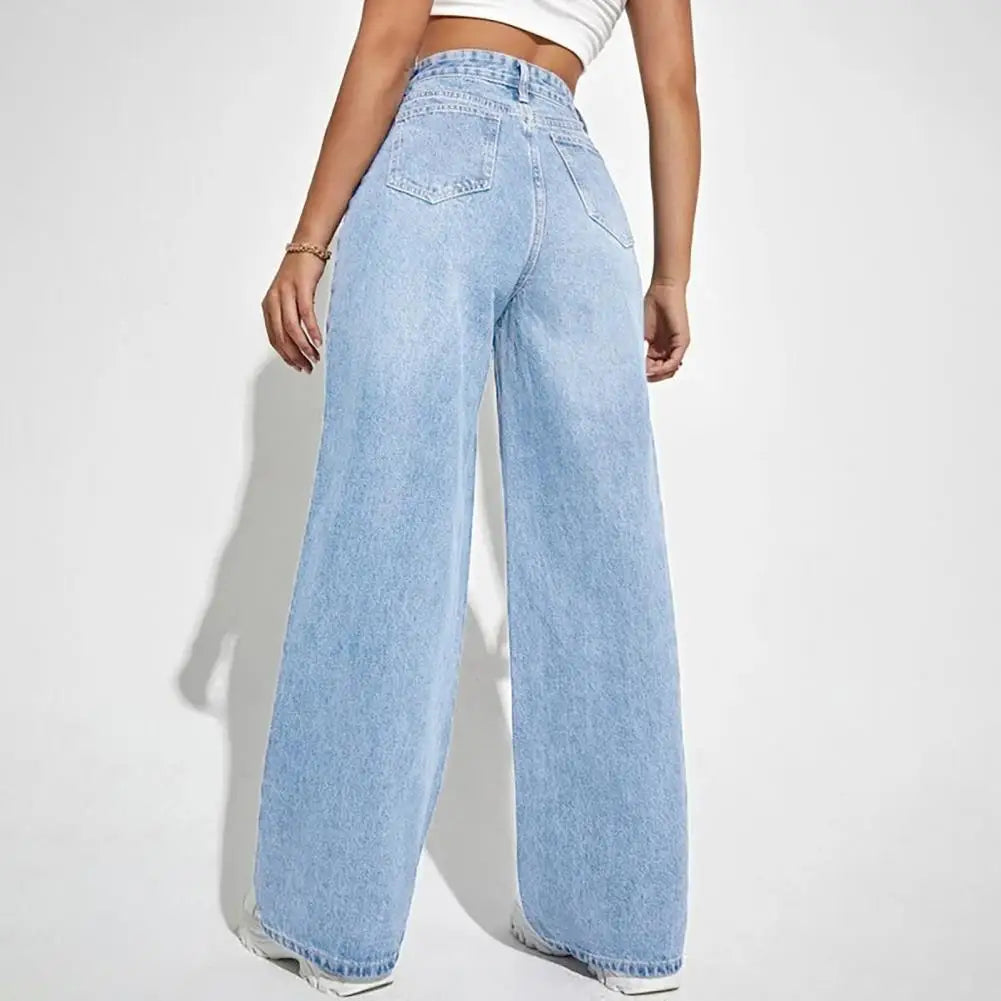 High Waist Denim Pants For Women Stretchy Wide-Leg Jeans With Pockets Casual Straight Leg Summer Autumn Female Jean Trousers