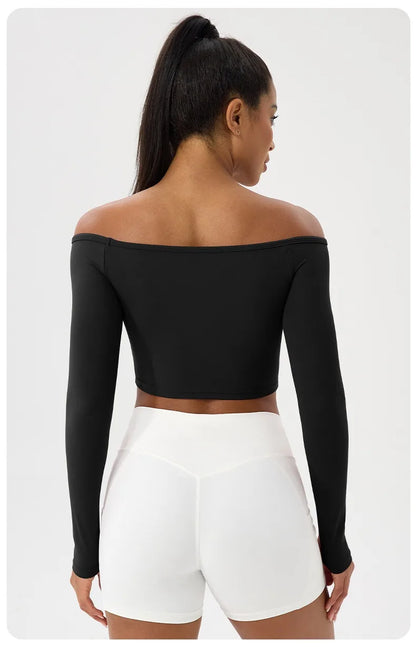 Long Sleeve Yoga T-Shirt for Women, Off Shoulder, Sexy Tight Gym Workout Top, Naked Feeling, Quick Dry Sports Activewear