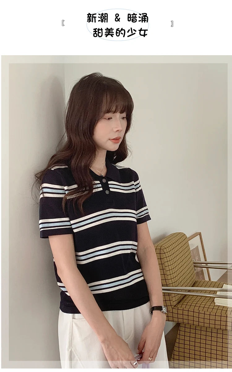 Summer 100% cotton women's T-shirt casual striped knit pullover short sleeved loose POLO collar Tees Pull fashion tops