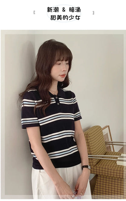 Summer 100% cotton women's T-shirt casual striped knit pullover short sleeved loose POLO collar Tees Pull fashion tops