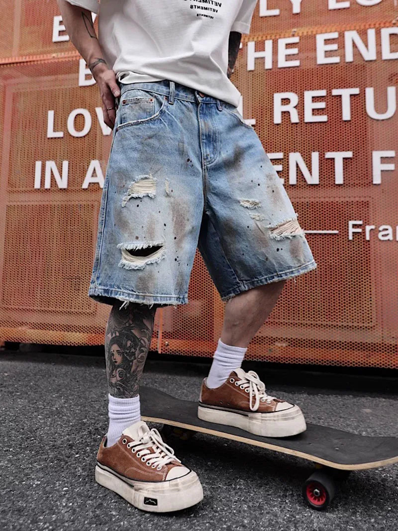 Men's Distressed Denim Shorts Heavyweight Summer Streetwear Loose Fit Fashion Five-Pocket Style European American Design