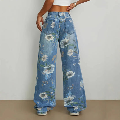 European and American-style women's printed wide-leg jeans, fashionable blue denim pants.