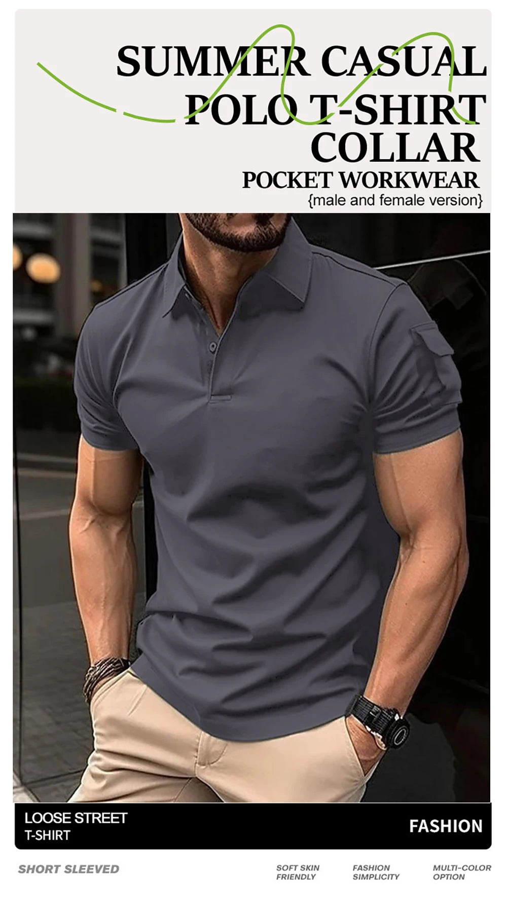 Soft Breathable Pocket Short Sleeve For Man Summer Loose Solid Polo Shirt New Fashion Daily Streetwear Sport Basic T-Shirt