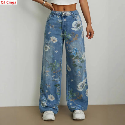European and American-style women's printed wide-leg jeans, fashionable blue denim pants.