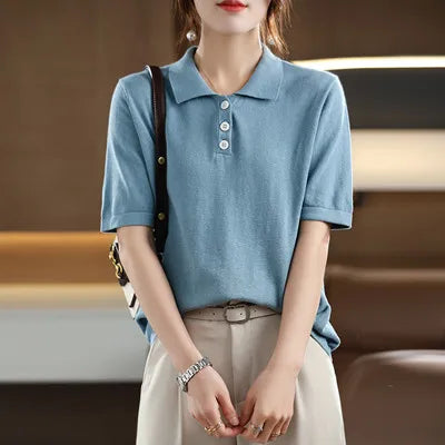 Women's T-shirt Summer 100% Cotton Sweater Short Sleeve Casual Knitted POLO Collar Women's Top Loose Pullover T-shirt Button