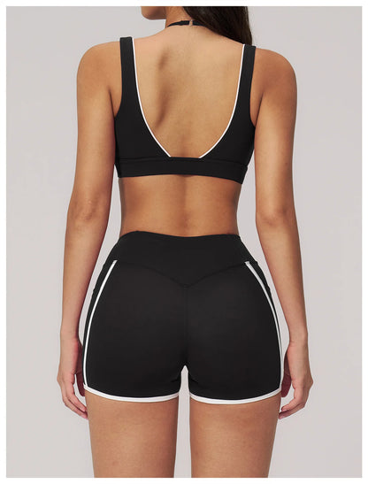 Women Deep V Neck Sports Bra Wide Strap Open V Back Contrast Piping Padded Push Up Gym Workout Top Yoga Bras Activewear Summer
