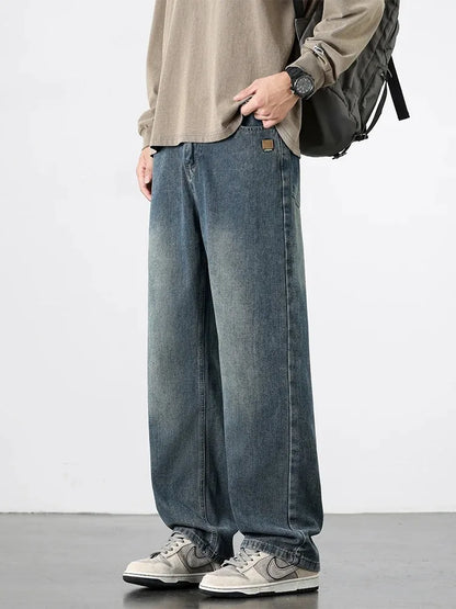 American Retro Straight Jeans Men Streetwear Loose Baggy Wide Leg Denim Pants Male Casual Trousers