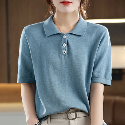 Women's T-shirt Summer 100% Cotton Sweater Short Sleeve Casual Knitted POLO Collar Women's Top Loose Pullover T-shirt Button