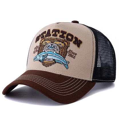 Bear Eating Fish Streetwear Hat Truck Hat Outdoor Skateboarding Hat Sunshade Baseball Hat Breathable Mesh Hat
