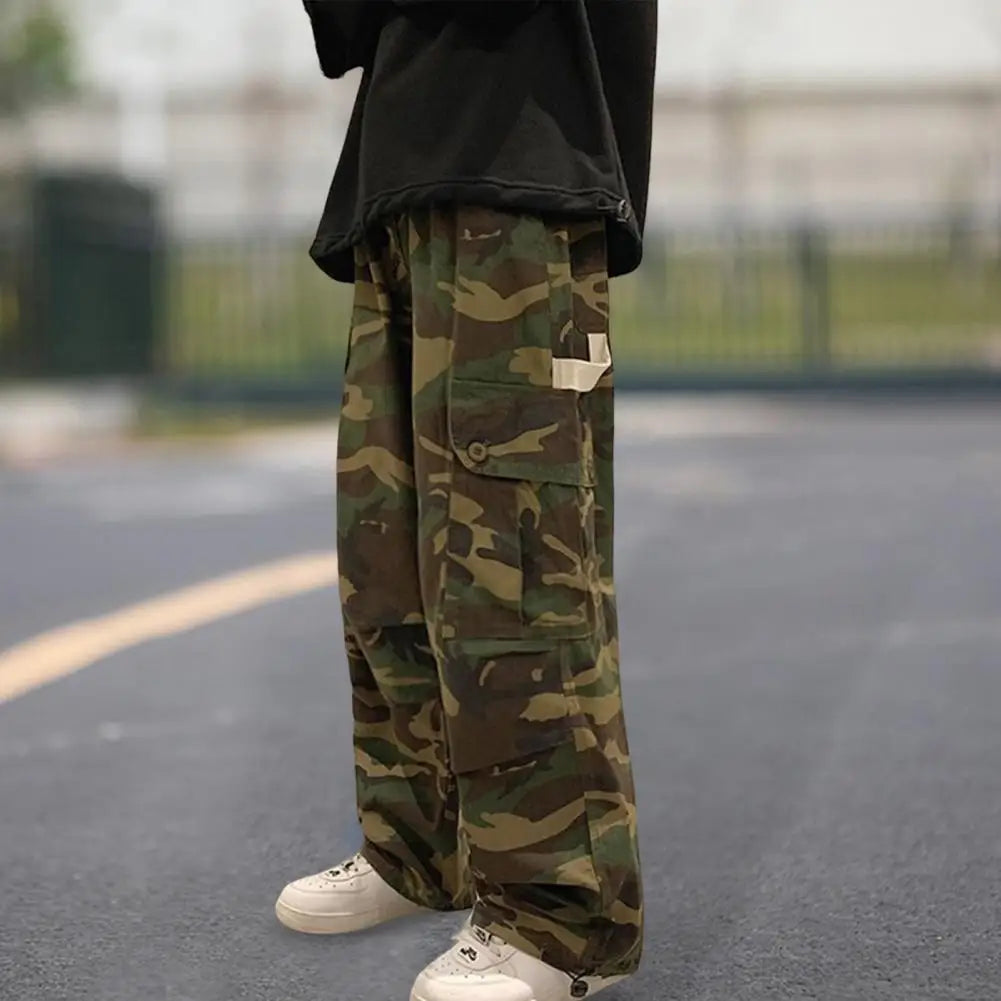 Straight Men Wide Leg Pants Camouflage Jogging Trousers Drawstring Elastic Waist Wide Male Casual Pants Vintage Cargo Pants