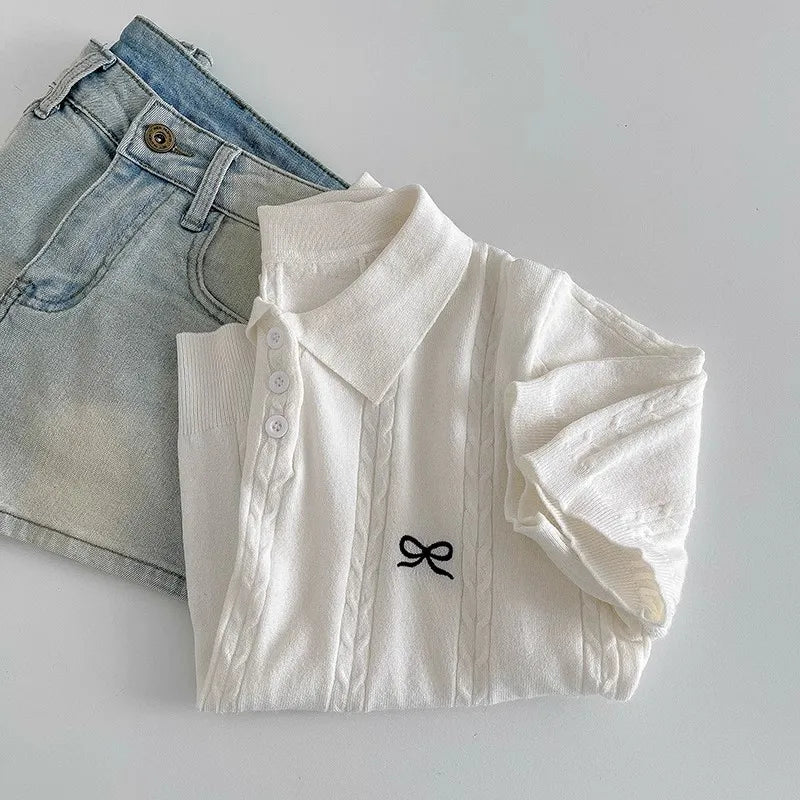 AOSSVIAO Summer New Korean Fashion Slim Polo shirt Knitted Short Sleeve T-shirt Sweet Bow Embroidered Knitted  Women Tops