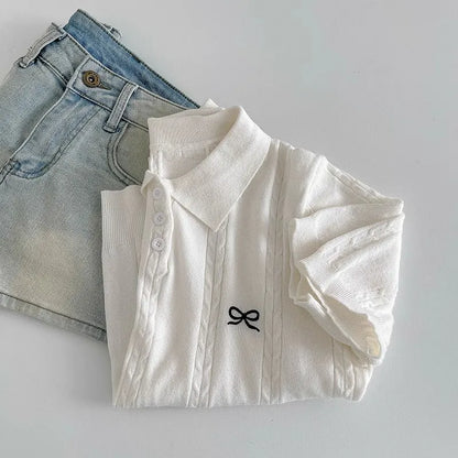 AOSSVIAO Summer New Korean Fashion Slim Polo shirt Knitted Short Sleeve T-shirt Sweet Bow Embroidered Knitted  Women Tops