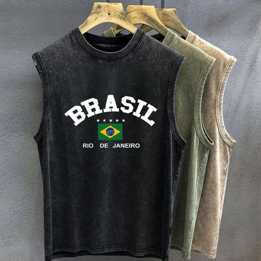 Oversized T Shirt for Men Vintage Wash Brazilian Graphic Print Tank Top Sleeveless Vest Woman Gym Streetwear Summer