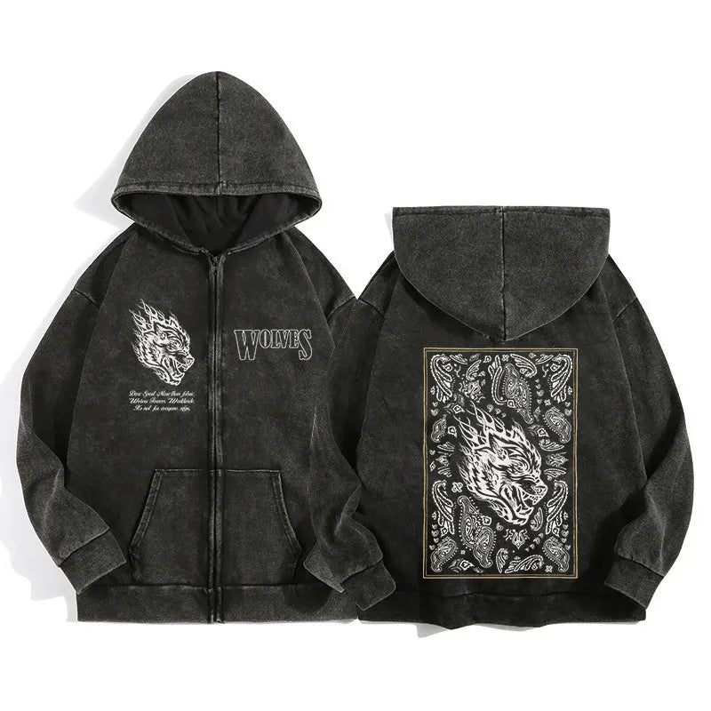 Darc Wolves Sport Zip Up Hoodies for Unisex Cotton Print Gothic Harajuku Jacket Hooded Sweatshirts Casual Manga Pullover