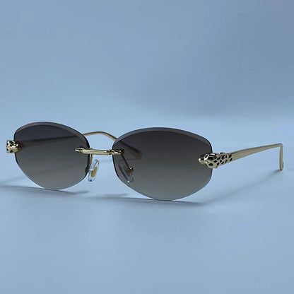 Vintage Rimless Oval Punk Sunglasses Men Luxury Designer Leopard Head Frameless Sun Glasses Hip Hop Outdoor Shades Eyewear