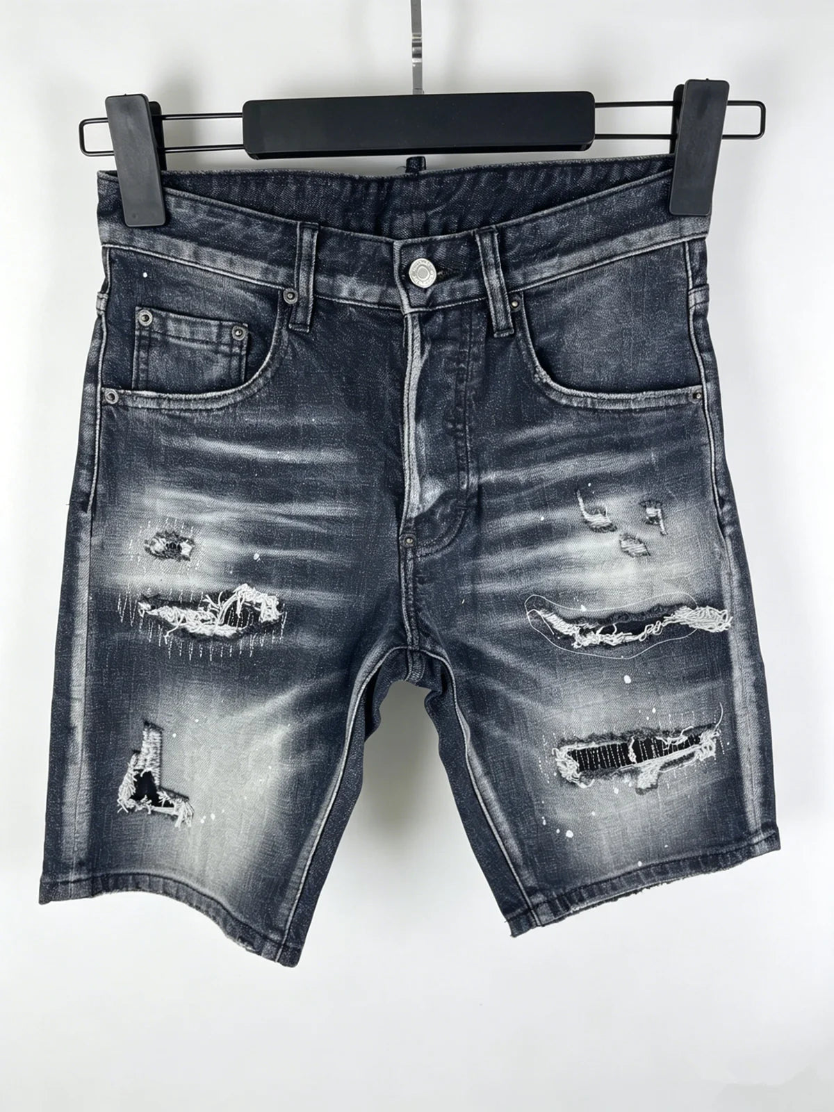 3006 Summer New Men's Jeans Washed Ripped Patch Paint Slim-fit Micro-elastic Denim Shorts Men's Black