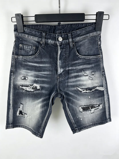 3006 Summer New Men's Jeans Washed Ripped Patch Paint Slim-fit Micro-elastic Denim Shorts Men's Black