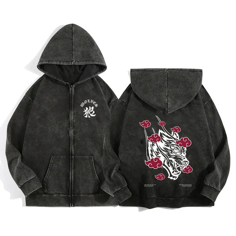 Darc Wolves Sport Zip Up Hoodies for Unisex Cotton Print Gothic Harajuku Jacket Hooded Sweatshirts Casual Manga Pullover