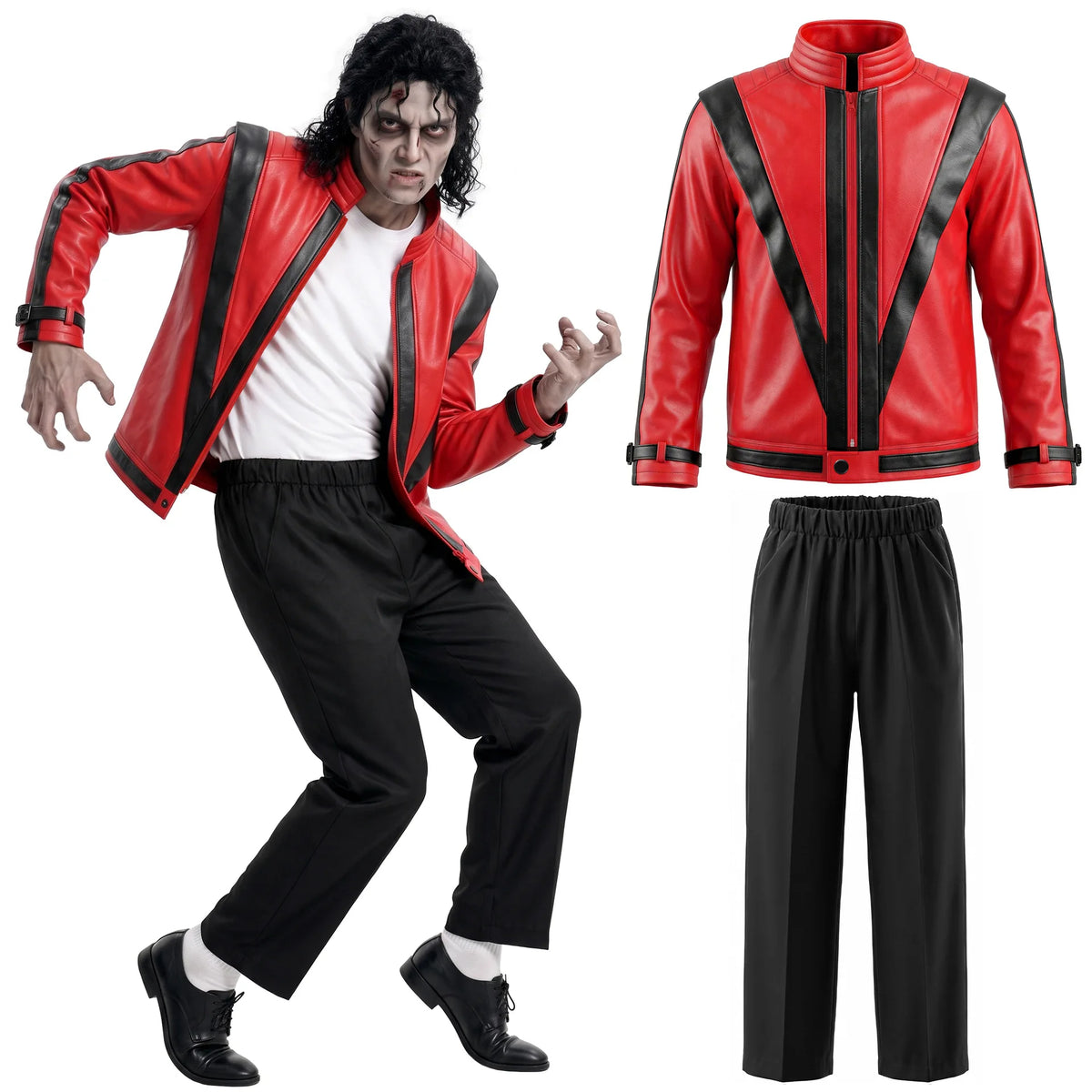 Adults Michael Red Faux Leather Jacket Pant Set Jackson Fashion Music Idol Character Creative Halloween Stage Performance Suits