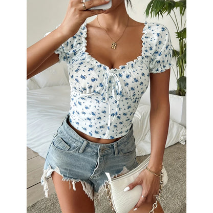 Profashion T-shirt Puff sleeve French shirt female Sexy slim Short sleeve woman T-shirt V-neck floral short top