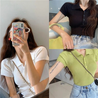 New Polo Women TShirt Ribbed Knitted Sexy Tops Summer Basic Shirts Skinny Slim Casual Short Sleeve Vest Women's Top White Black