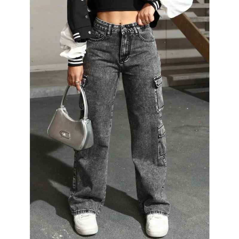 Profashion Jeans High Waist Stretch Cargo Pants Multiple Pockets Casual Trousers For Ladies Fashion Retro Style