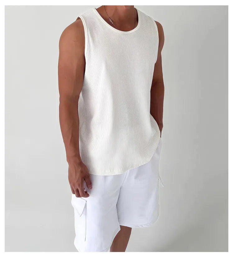 Men's White Ribbed Tank Top Summer Loose Fit Round Neck Gym Workout Sleeveless T-Shirt Sport Breathable Muscle Vest