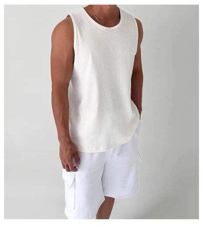 Men's White Ribbed Tank Top Summer Loose Fit Round Neck Gym Workout Sleeveless T-Shirt Sport Breathable Muscle Vest