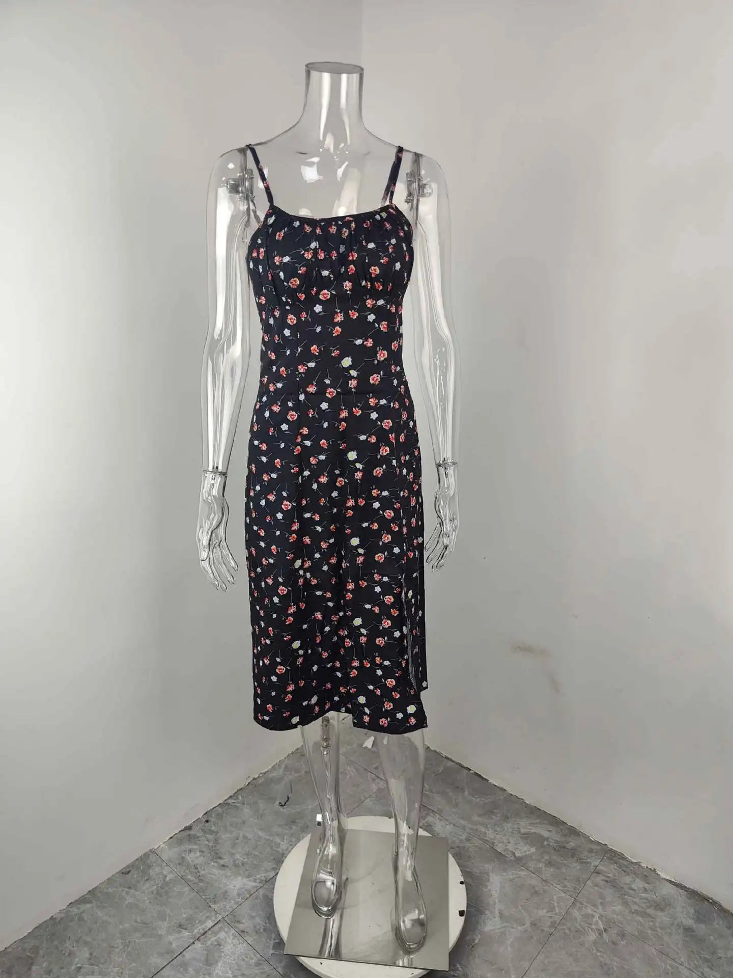 Women Elegant Floral Beach Vacation Streetwear Sexy Low Cut Beach Party Slim Slit Dress Chic Bodycon Lady Sleeveless Vestidos