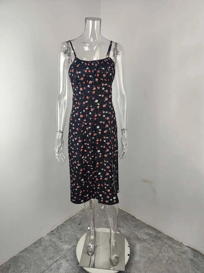 Women Elegant Floral Beach Vacation Streetwear Sexy Low Cut Beach Party Slim Slit Dress Chic Bodycon Lady Sleeveless Vestidos