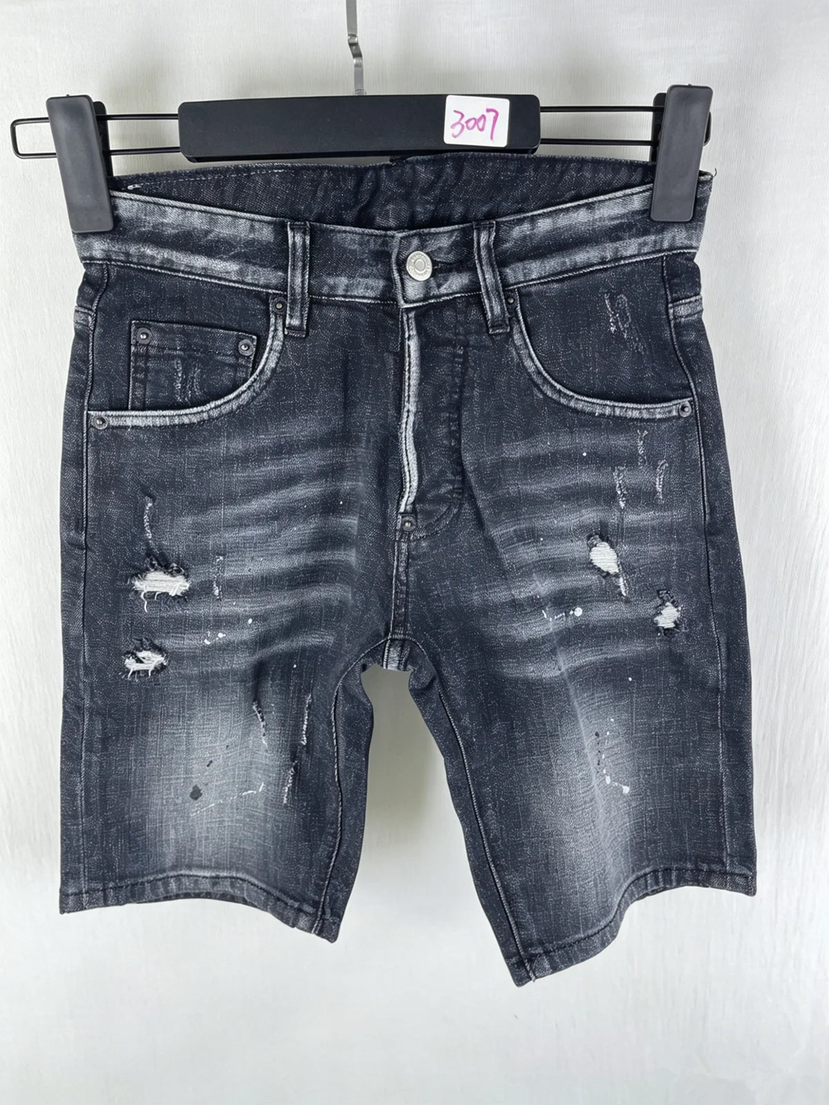 3006 Summer New Men's Jeans Washed Ripped Patch Paint Slim-fit Micro-elastic Denim Shorts Men's Black
