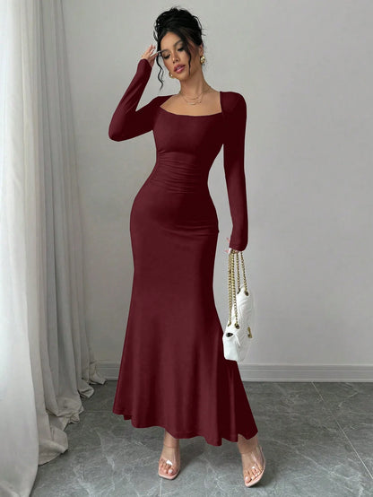 Women's Four Seasons New Style Women's Elegant Temperament Retro Solid Color Square Collar Long Sleeve Dress
