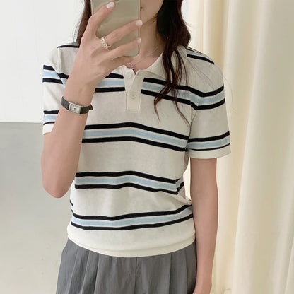 Summer 100% cotton women's T-shirt casual striped knit pullover short sleeved loose POLO collar Tees Pull fashion tops