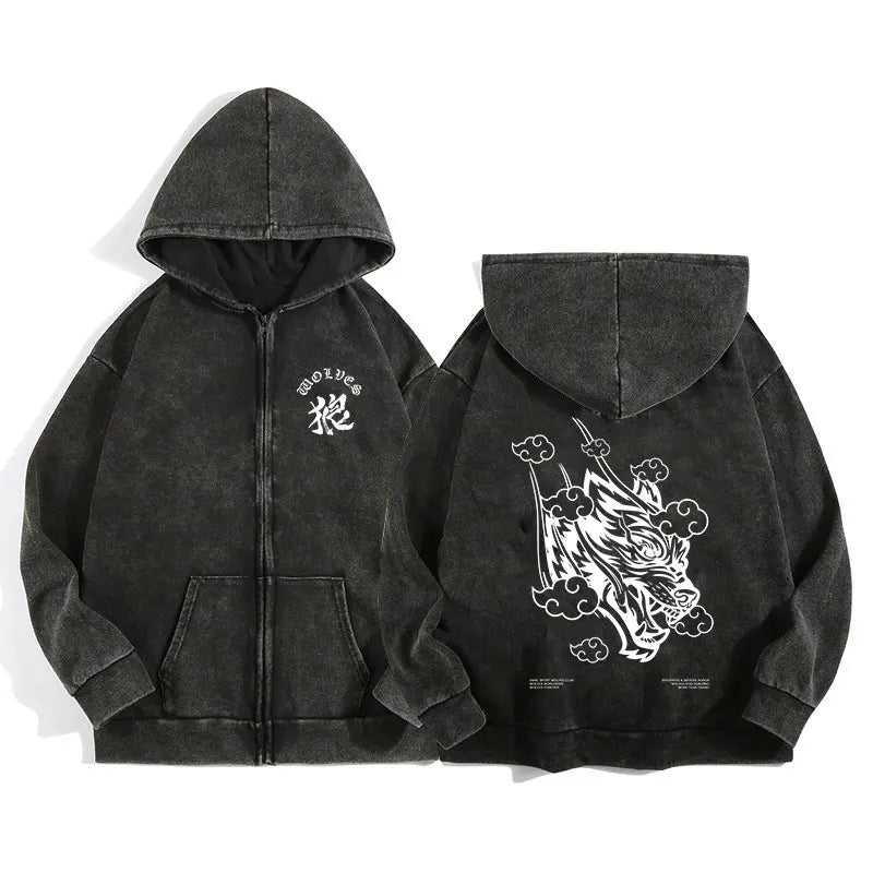 Darc Wolves Sport Zip Up Hoodies for Unisex Cotton Print Gothic Harajuku Jacket Hooded Sweatshirts Casual Manga Pullover