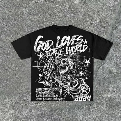 Summer men's fashion style skull print comfortable and breathable with round neck T-shirt outdoor warning top