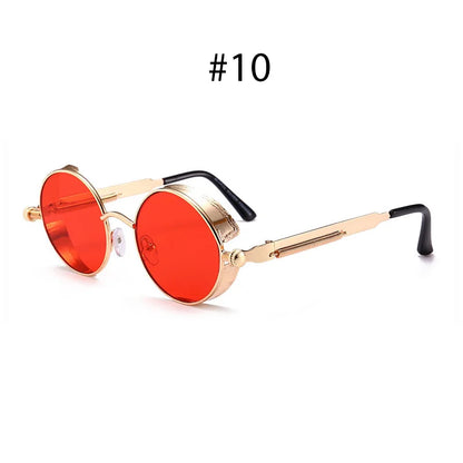 VIVIBEE Vintage Steampunk Red Sunglasses Round Punk Alloy Metal Retro Sun Glasses Goggles Gothic Style Shades