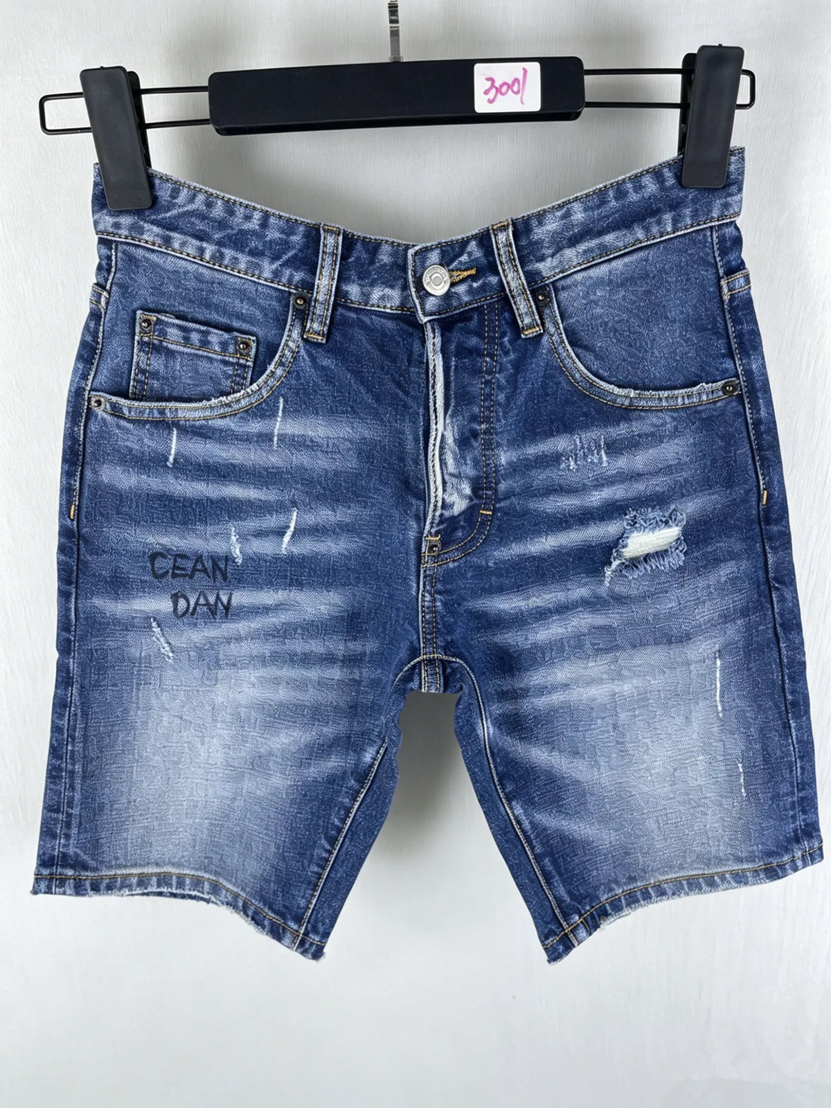 3006 Summer New Men's Jeans Washed Ripped Patch Paint Slim-fit Micro-elastic Denim Shorts Men's Black