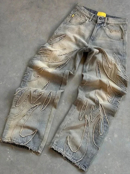 American New Fashion Patch Baggy Casual Jeans For Men And Women Y2K High Street Harajuku High Waist Wide Leg Denim Trousers