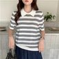 Summer women's100% cotton casual striped knitted T-shirt short sleeved loose POLO collar pullover Korean version fashionable top