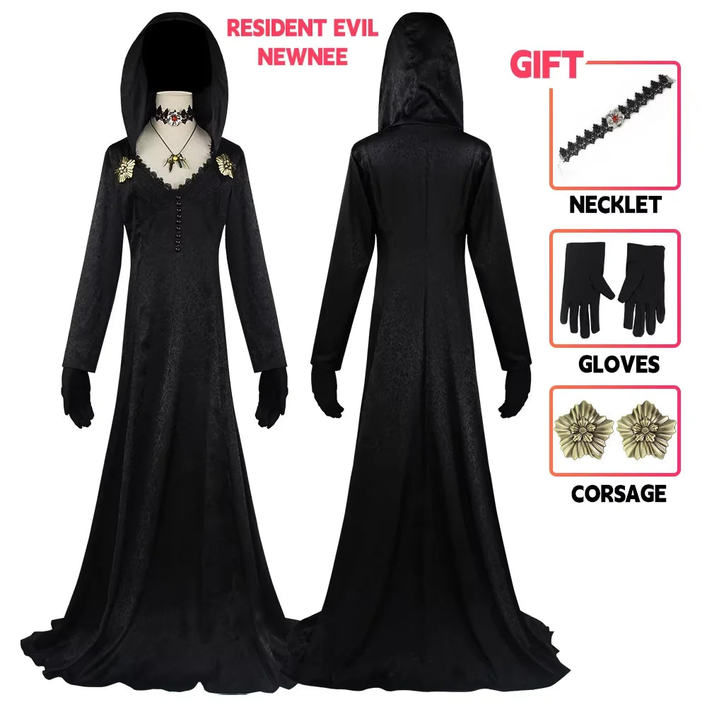Moth Lady Evil Cosplay Fantasia Village Vampire Lady Dimitrescu Costume Women Black Dress Halloween Carnival Party Suit