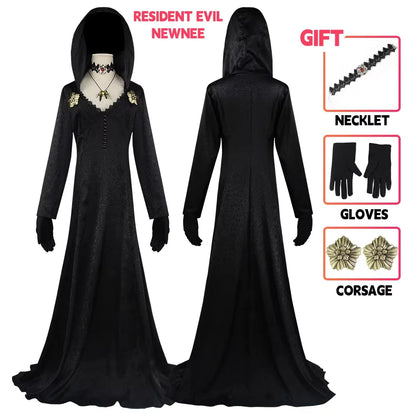 Moth Lady Evil Cosplay Fantasia Village Vampire Lady Dimitrescu Costume Women Black Dress Halloween Carnival Party Suit