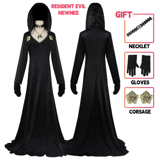 Moth Lady Evil Cosplay Fantasia Village Vampire Lady Dimitrescu Costume Women Black Dress Halloween Carnival Party Suit